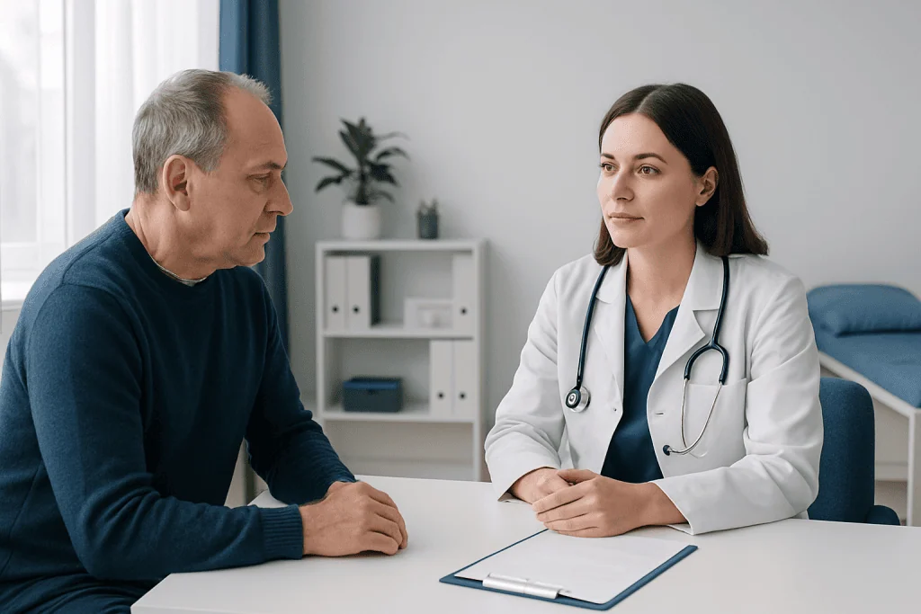 Doctor consulting with an elderly male patient in a medical office.