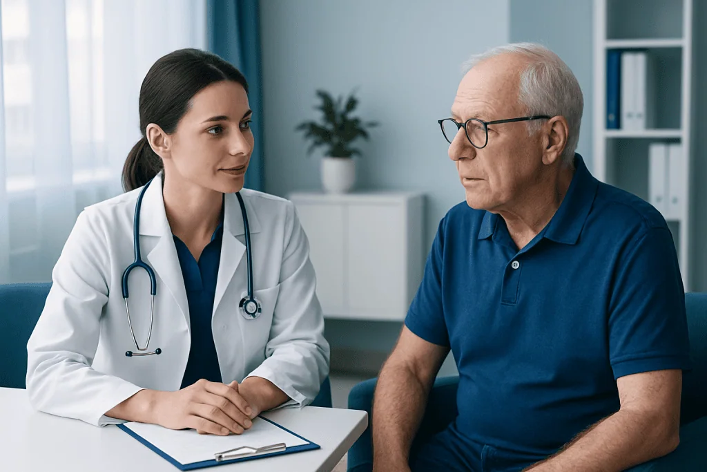 Doctor consulting with an elderly male patient in a medical office.
