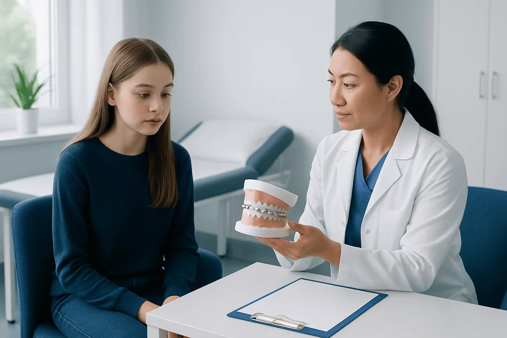 Dentist explaining dental braces to a young girl in a clinic setting.