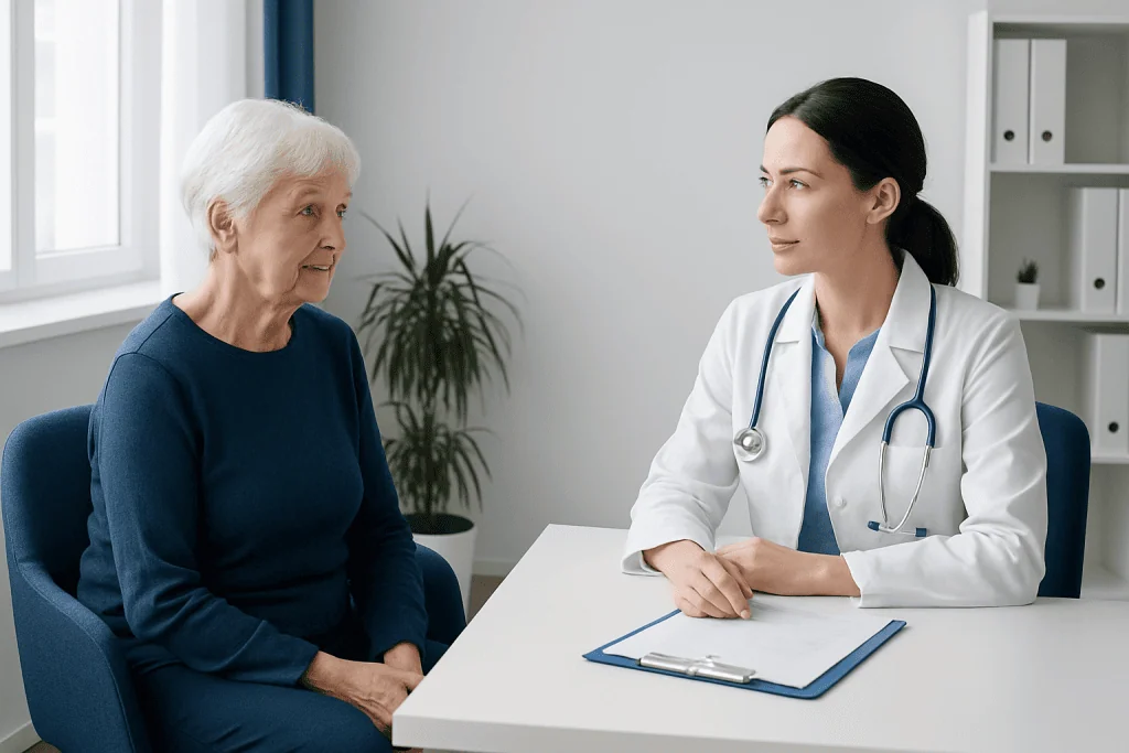 Doctor consulting with elderly woman in a medical office setting.