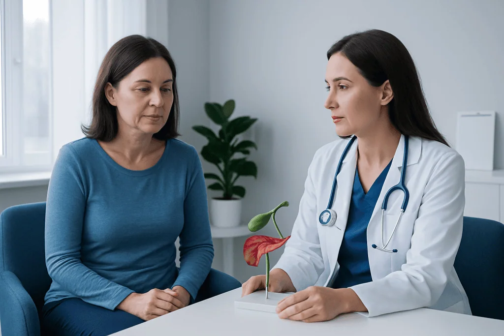Doctor consulting with female patient in a medical office.