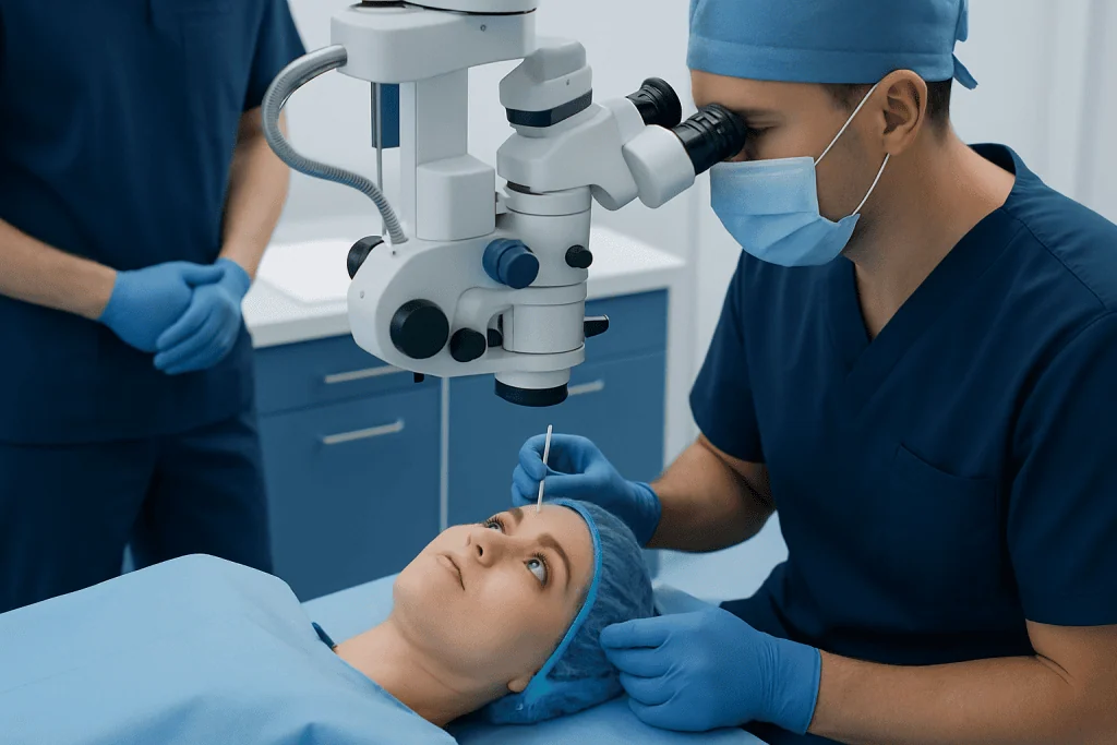 Ophthalmologist performing eye surgery with a microscope on a patient.