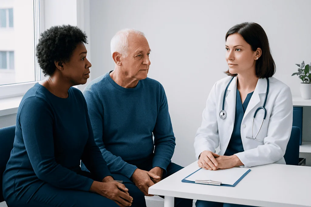 Doctor consulting with elderly patients in a medical office.