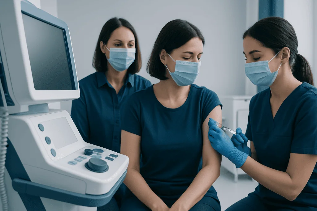 Healthcare professionals administering a vaccine to a patient in a clinical setting.
