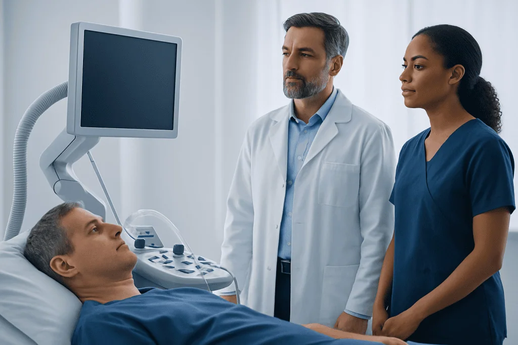 Doctor and nurse with patient during medical examination at hospital.