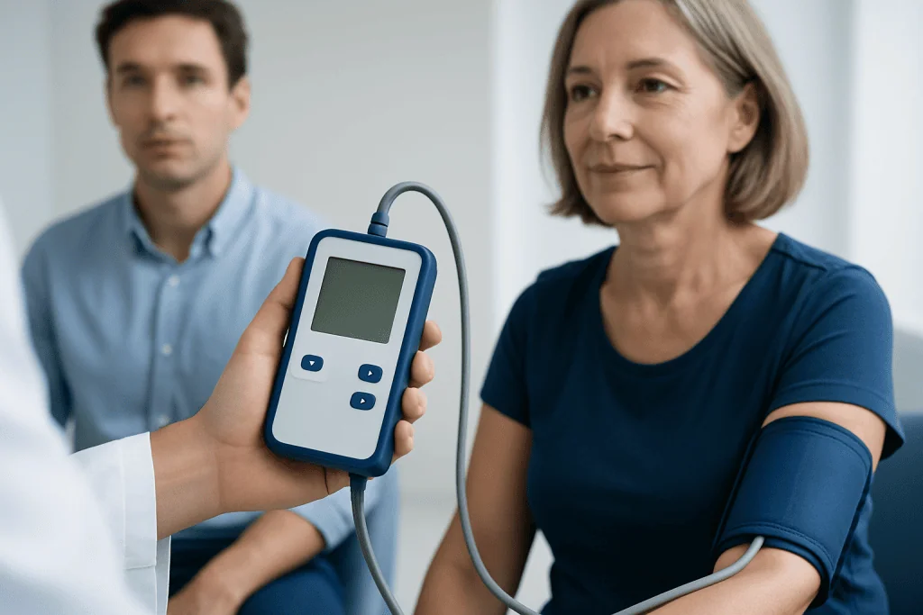 Patient's blood pressure monitored with digital device at Acibadem Hospital.