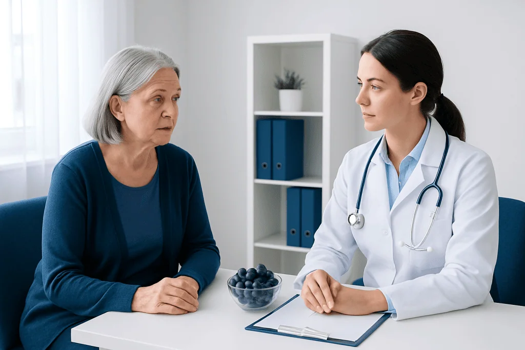 Doctor consulting with an elderly patient in a medical office.