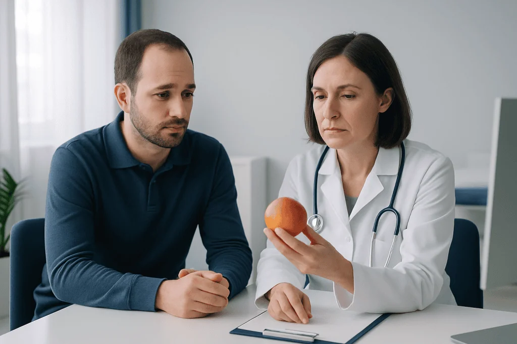 Doctor explaining apple health benefits to patient in consultation room.