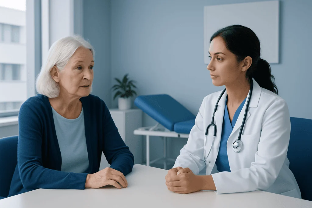 Doctor consulting with elderly patient in hospital room.