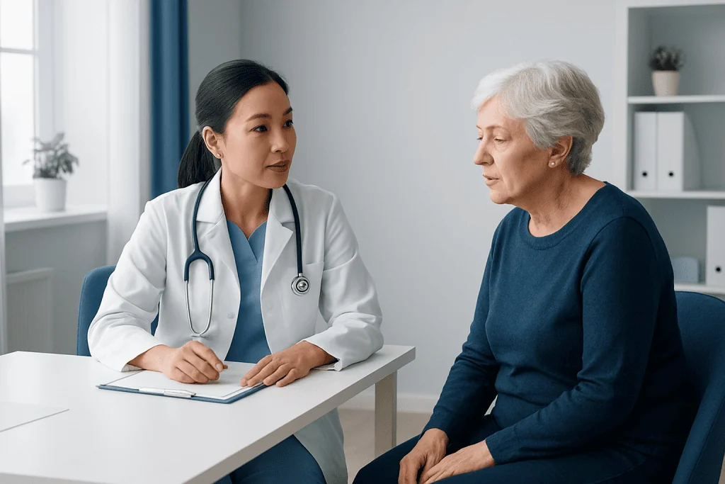Doctor consulting an elderly woman about cholesterol health in a clinic.