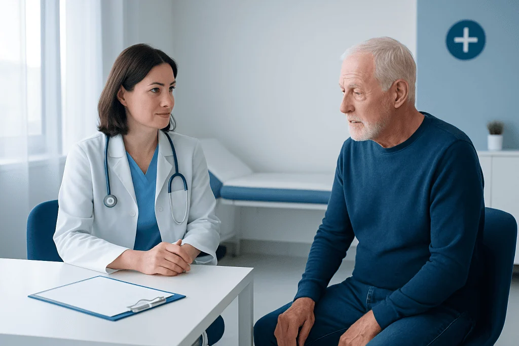 Doctor consulting with an elderly male patient in a hospital room.