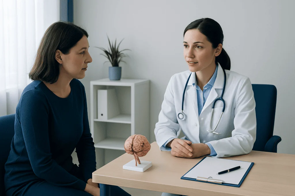 Doctor consulting with patient about brain aneurysm treatment options in clinic.