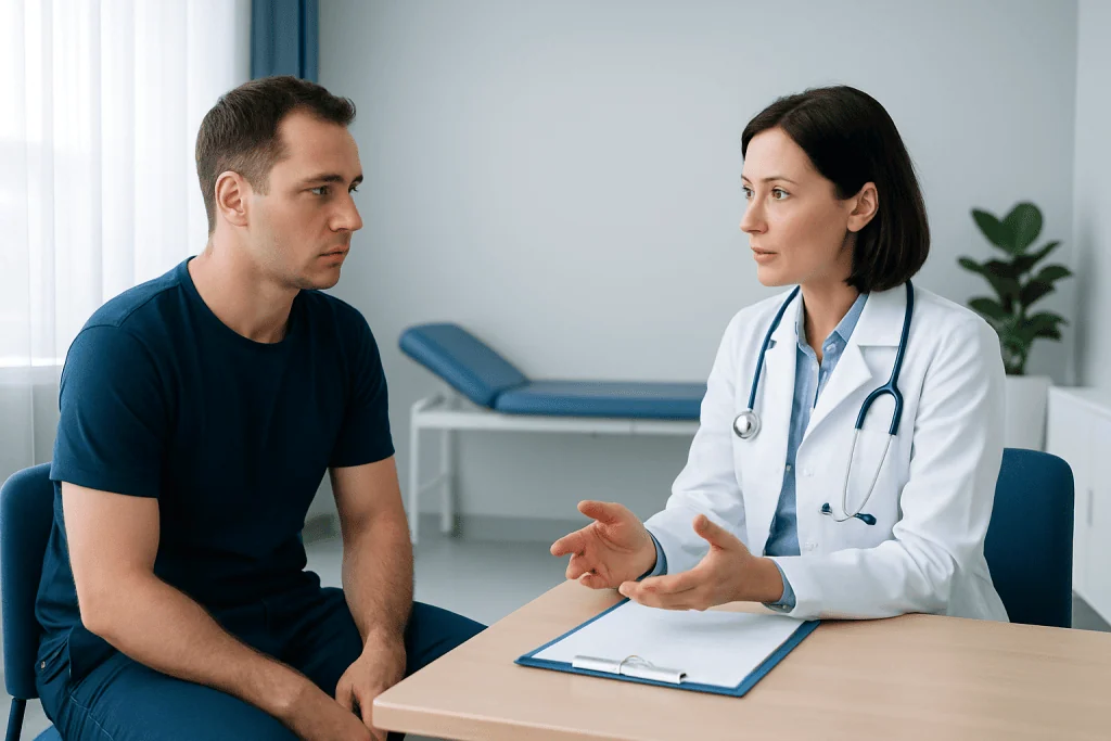 Doctor consulting with a patient in a medical office setting.