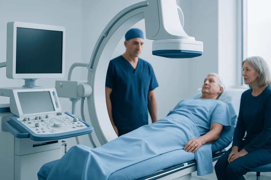 Medical team preparing patient for vascular surgery in hospital.