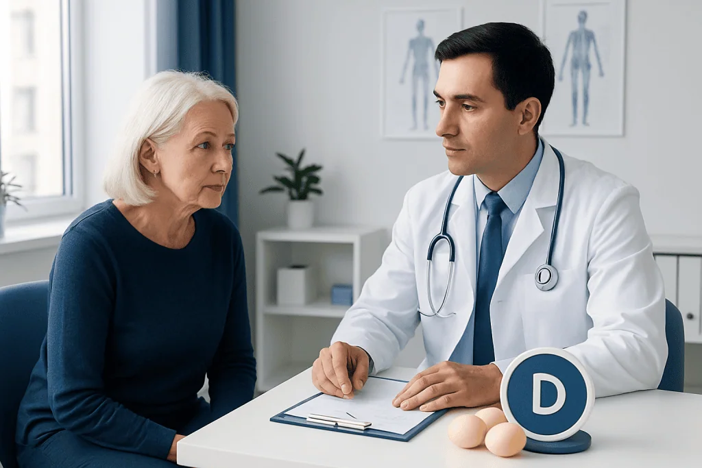 Doctor consulting with elderly woman about vitamin D health benefits.