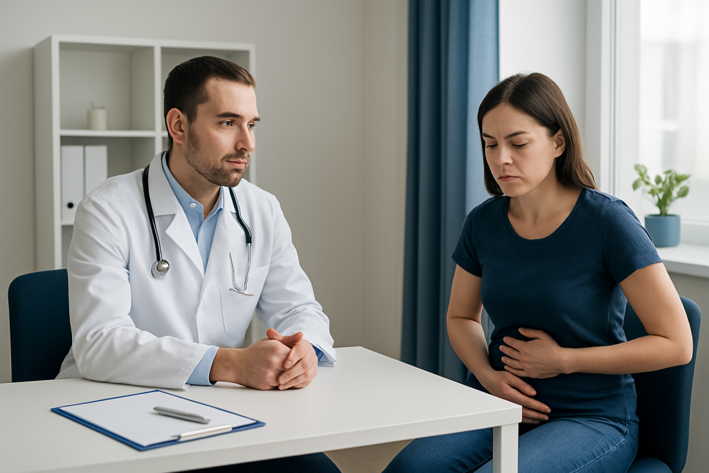 Doctor consulting with a woman patient in a medical office.