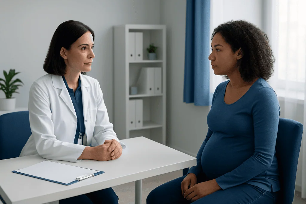 Doctor consulting pregnant woman in a medical office.