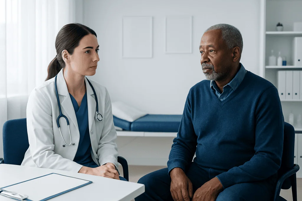 Doctor consulting with an elderly patient in a medical office.