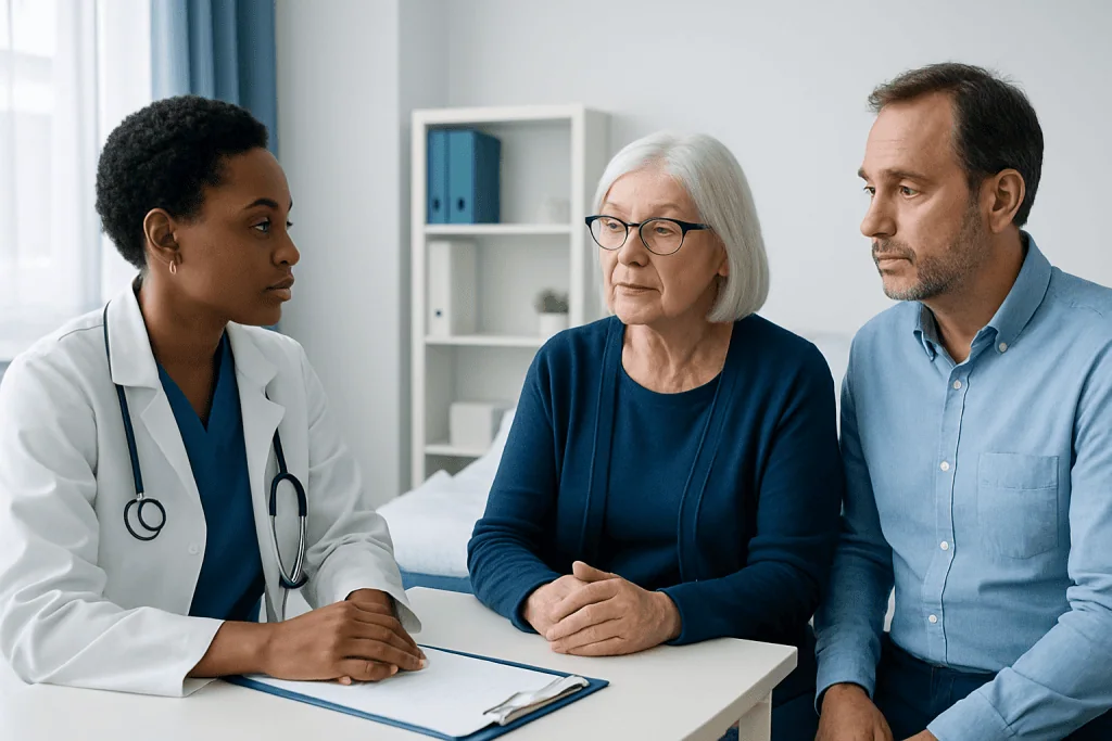 Doctor consulting with elderly woman and her partner in a medical office.
