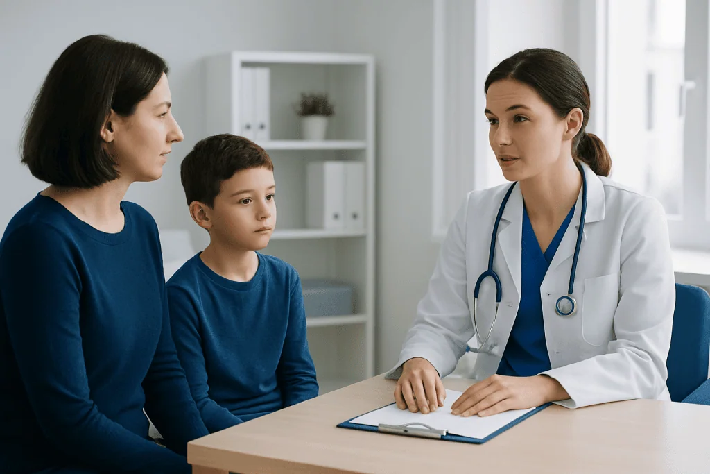 Doctor consulting with mother and child in a hospital setting.