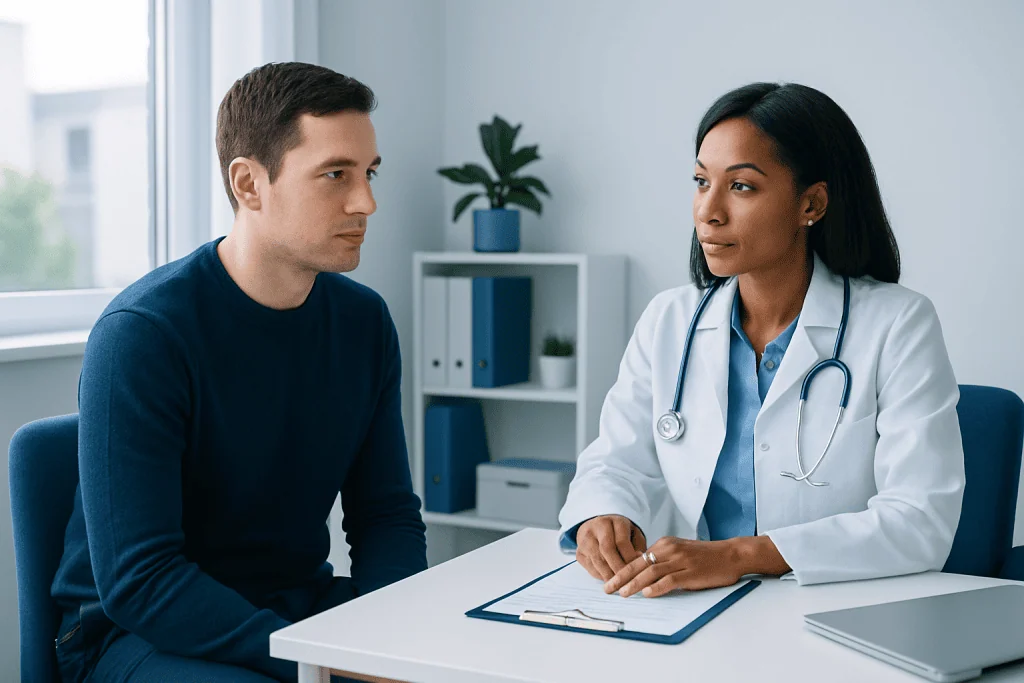 Doctor consulting with a patient in a modern medical office.