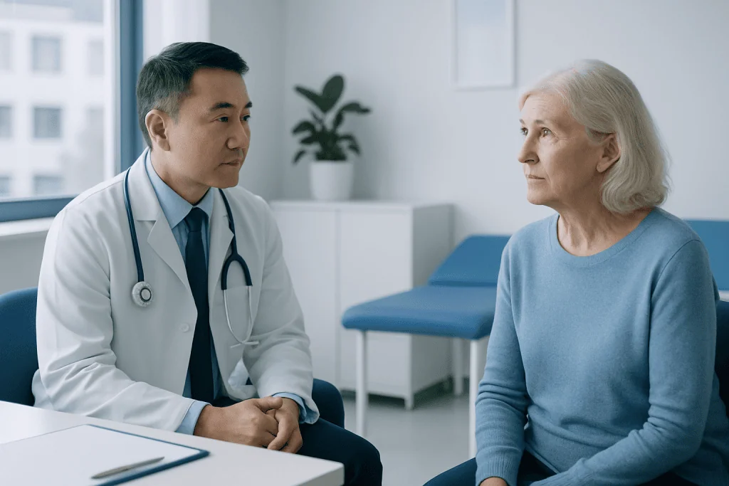 Doctor consulting with elderly woman in a medical office.