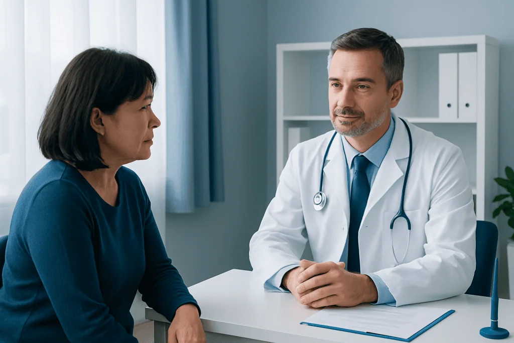 Doctor consulting with a female patient in a modern medical office.