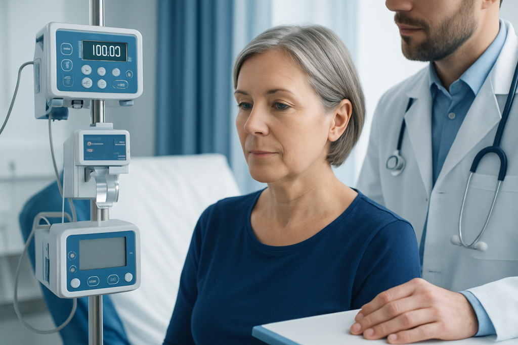 Hospital patient receiving IV infusion in a clinical setting.