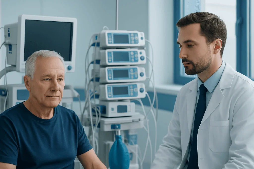 Doctor consulting elderly patient in hospital room with medical equipment.