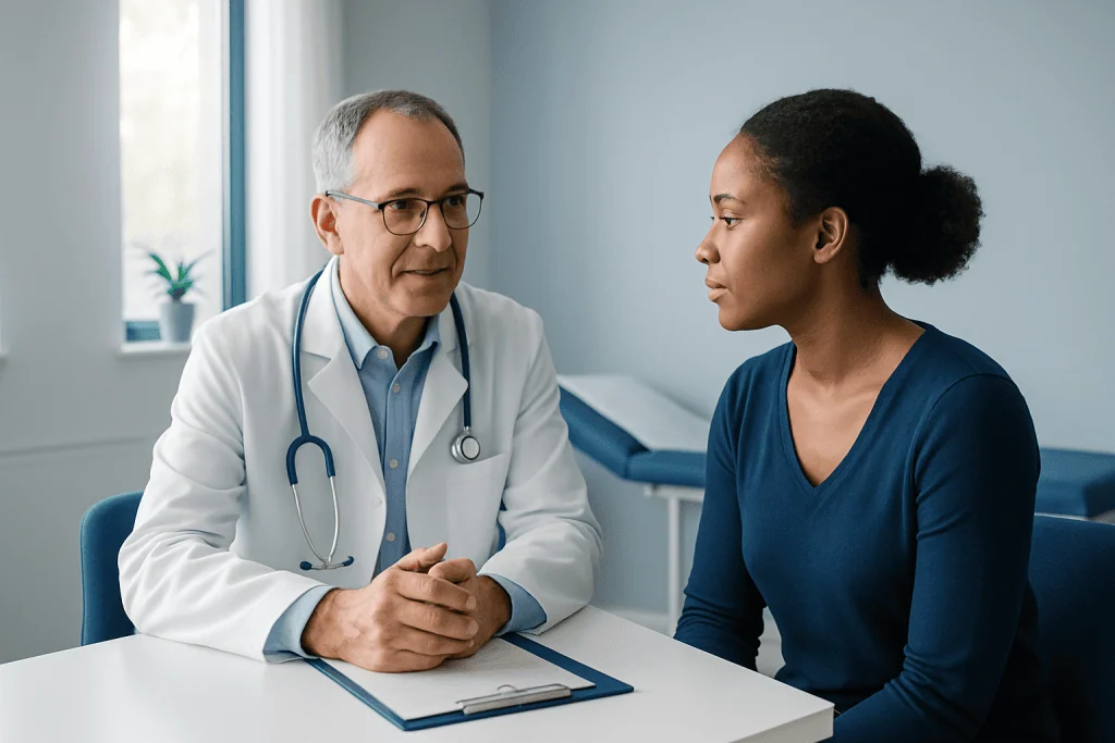 Doctor consulting with a patient in a medical office setting.