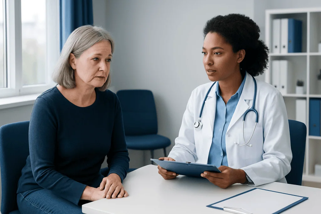 Doctor consulting with an older female patient in a medical office.