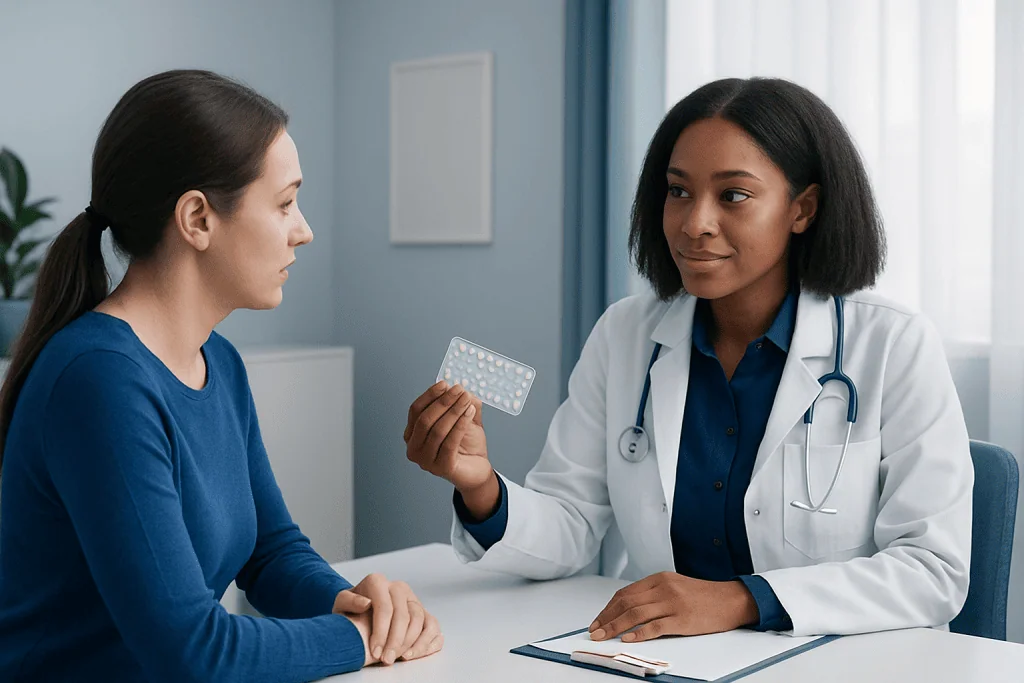 Doctor explaining contraceptive pills to patient in consultation room.