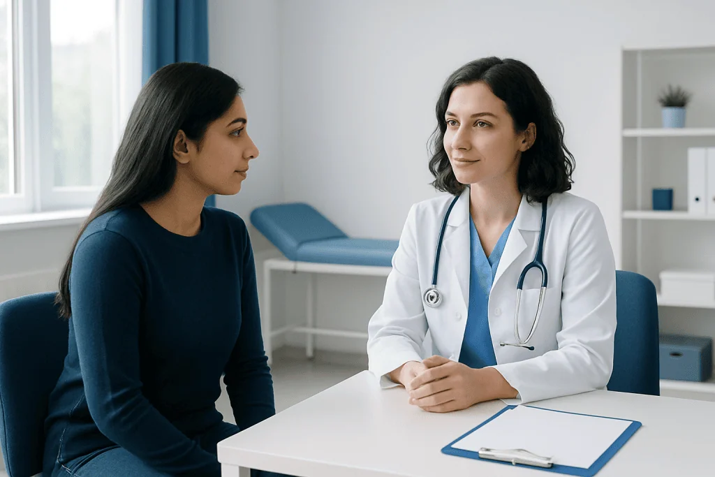 Doctor consulting a patient in a modern medical office.