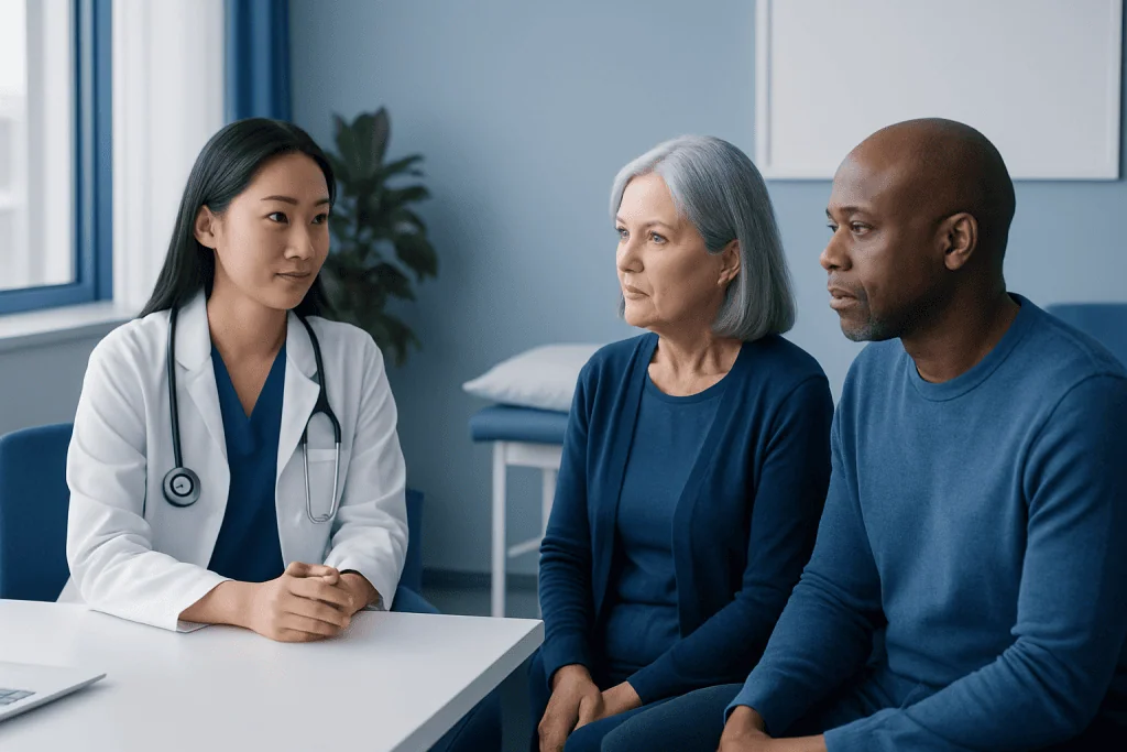 Doctor consulting with elderly patient and caregiver in hospital setting.