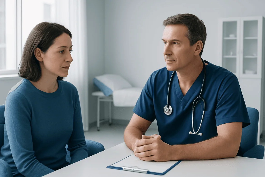Doctor consulting with a female patient in a modern hospital room.
