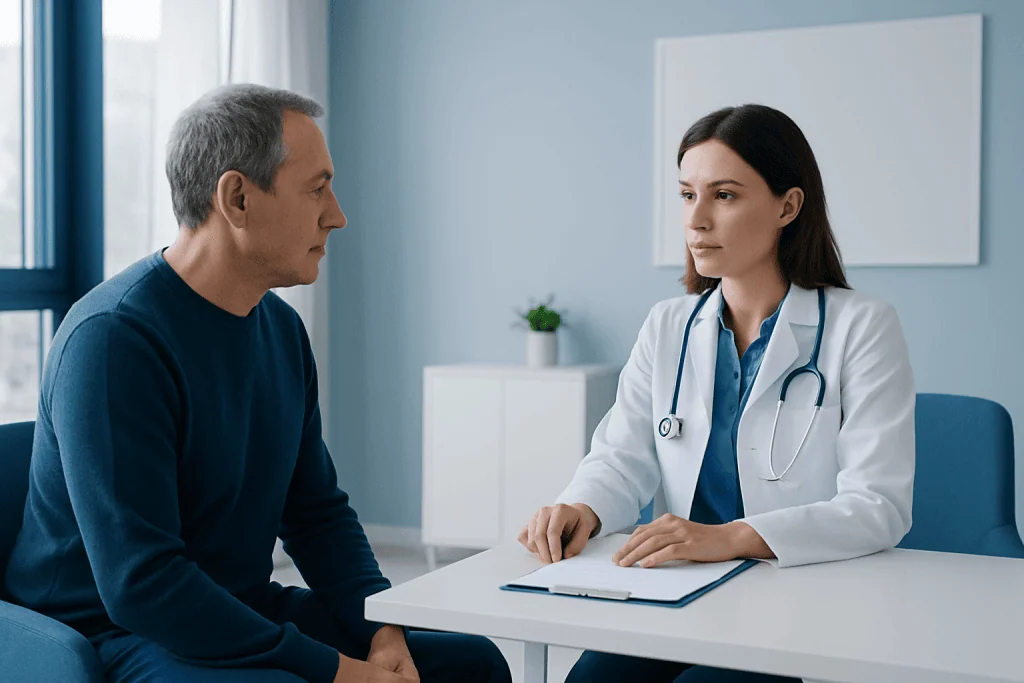 Doctor consulting with male patient in a medical office setting.