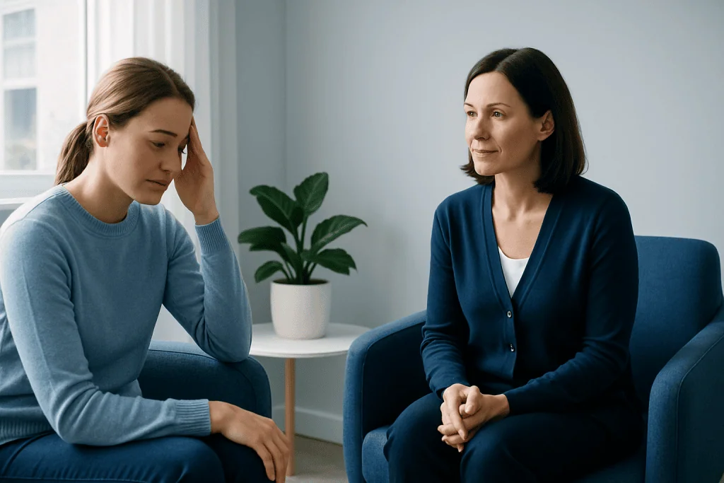 Therapist and patient in a counseling session at Acibadem Hospitals Group.