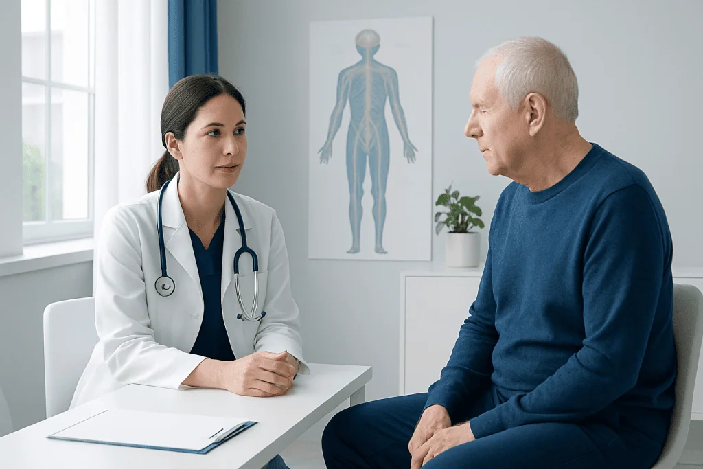 Doctor consulting with an elderly patient in a medical office.
