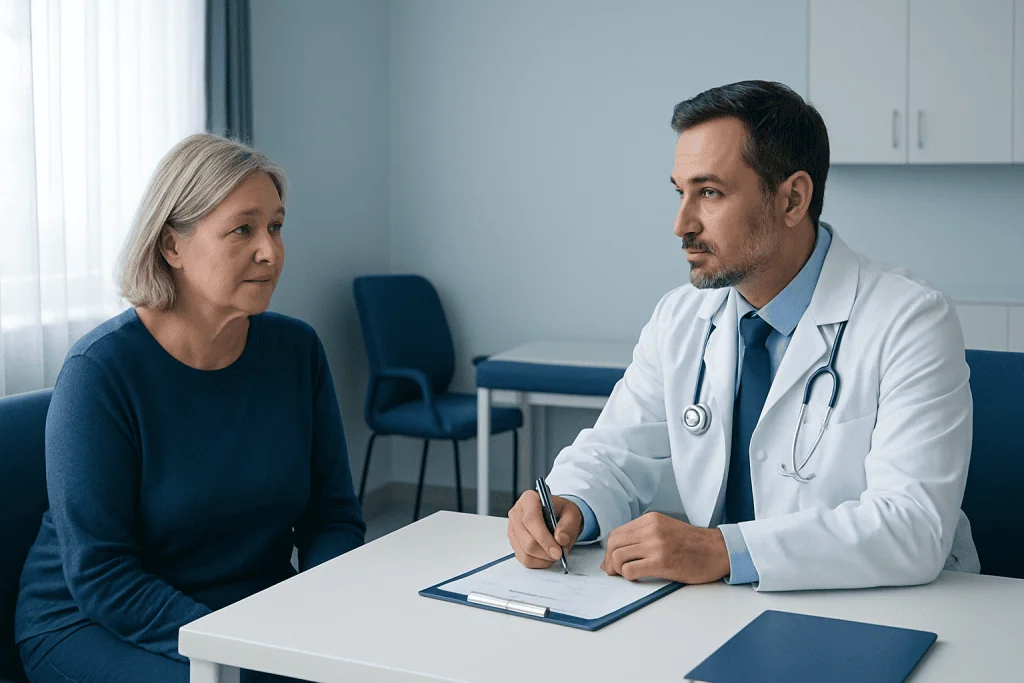 Doctor consulting with an older female patient in a medical office.
