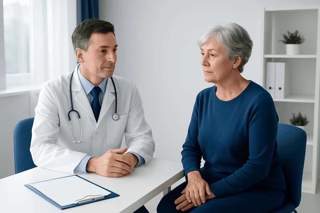 Doctor consulting with an elderly female patient in a modern clinic.