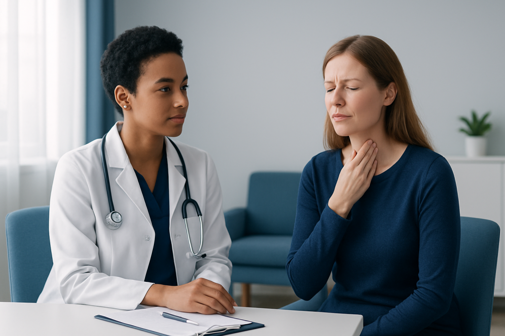 Doctor consulting patient with sore throat at clinic.