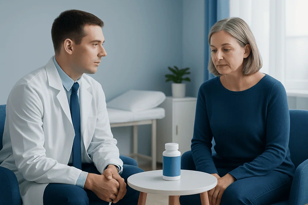 Doctor consulting with a middle-aged woman in a medical office setting.