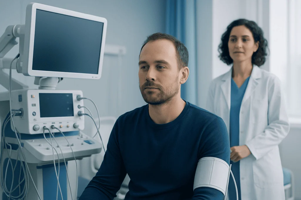 Patient undergoing medical examination in a hospital setting.