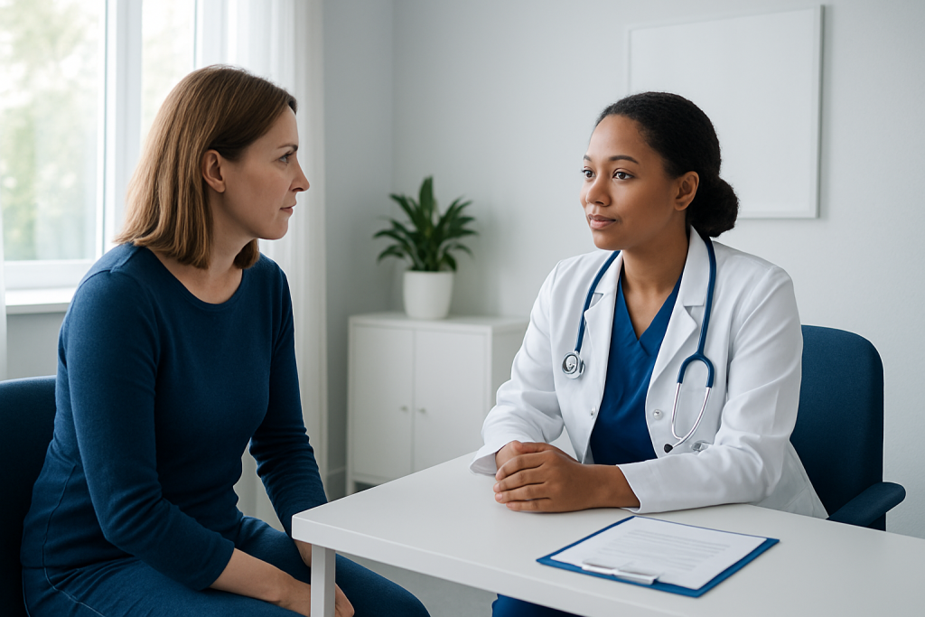 Doctor consulting with a female patient in a medical office setting.