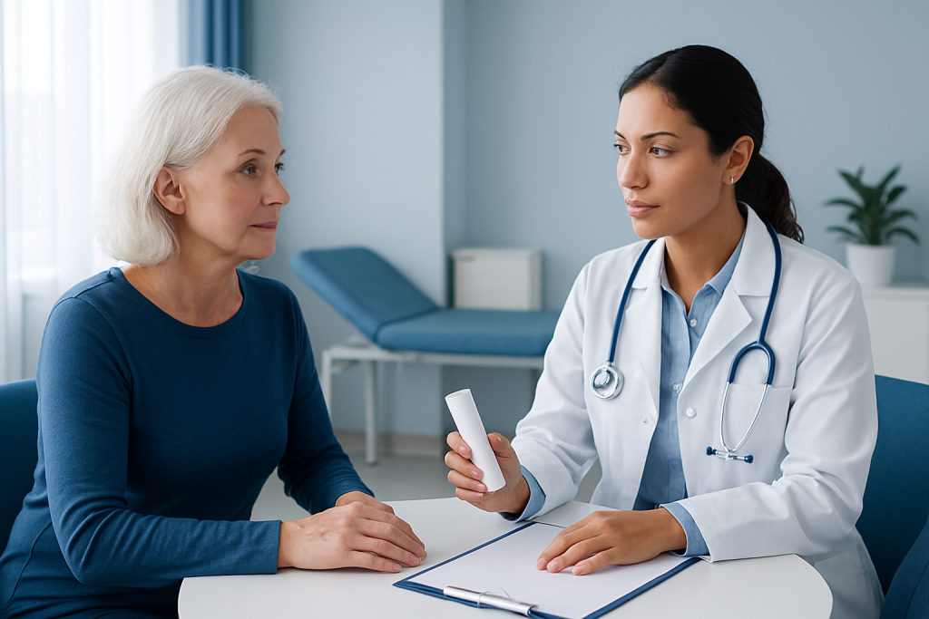 Doctor consulting with an elderly female patient in a medical office.