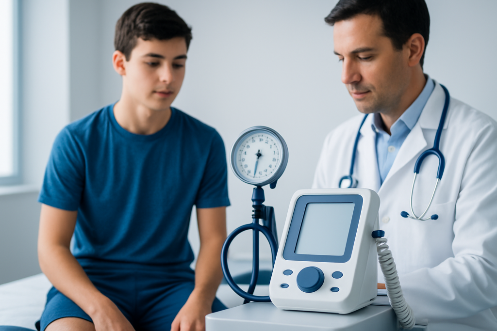 Doctor performing a sports physical exam on a young boy in a clinic setting.