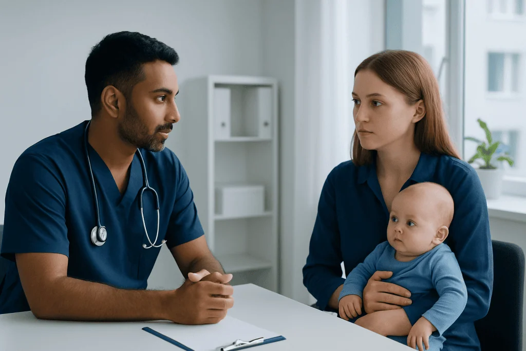 Doctor consulting with mother and baby in a hospital setting.
