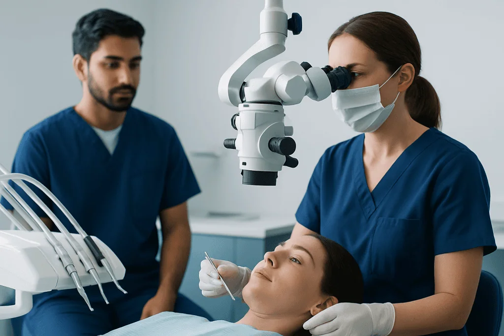Dental professionals performing a procedure with a patient in a clinical setting.