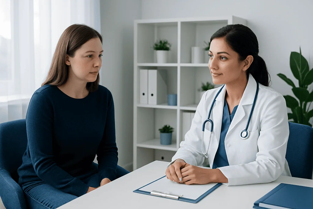 Doctor consulting with a patient in a medical office setting.