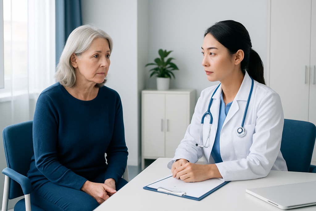 Doctor consulting with an elderly female patient in a medical office.